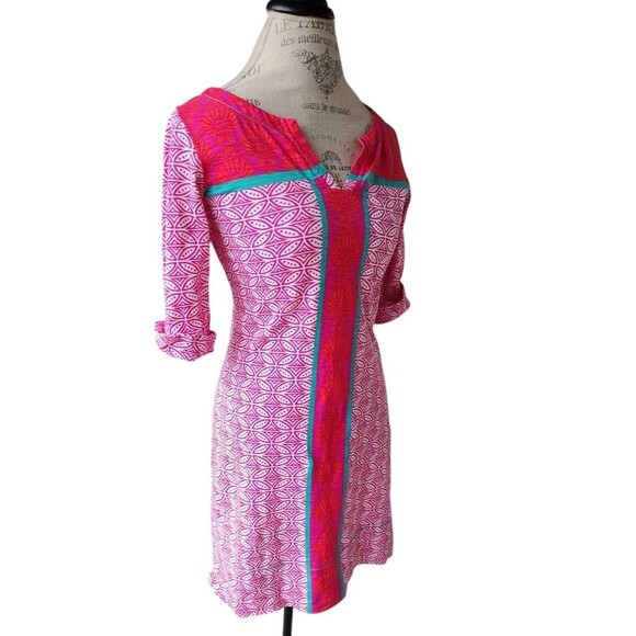 Hatley Tropics Dress Cotton Sheath XS B34 Batik Look Notched V Neck - Picture 1 of 6